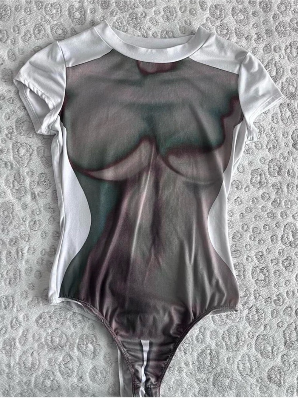 Fashion Nova White & Charcoal Printed Short Sleeve Bandeau Bodysuit